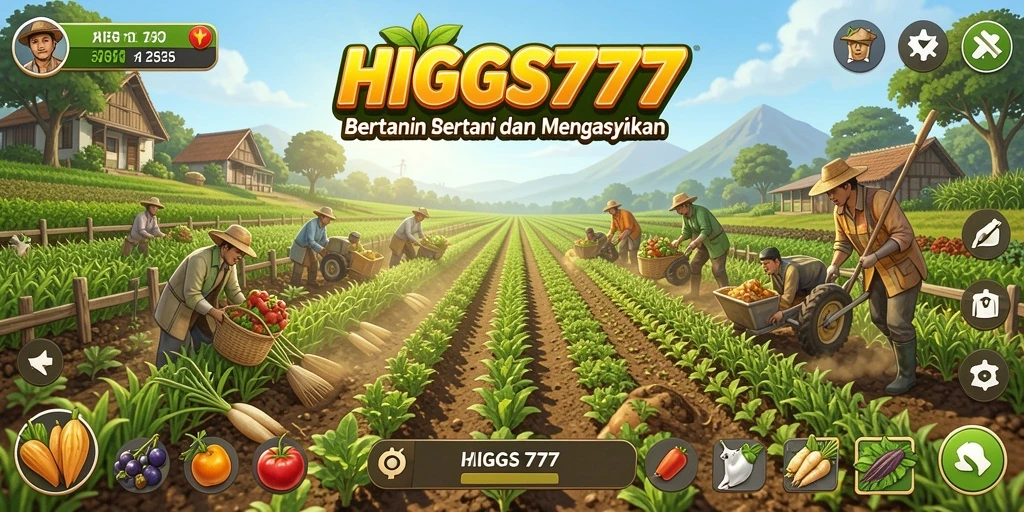 Tampilan gameplay HIGGS777 menampilkan kebun yang rimbun dan interaktif.