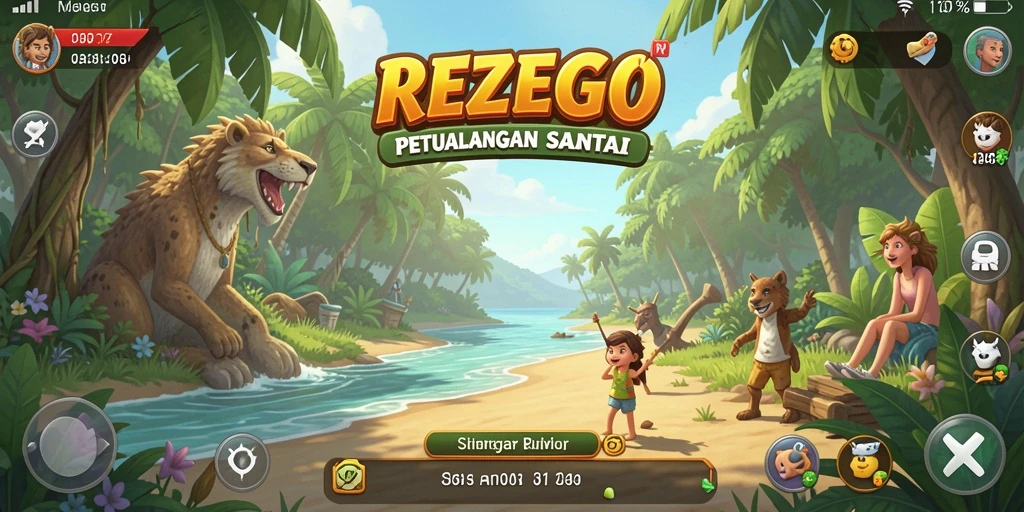 Tampilan utama gameplay REZEGO menampilkan karakter yang ceria dalam petualangan santai.